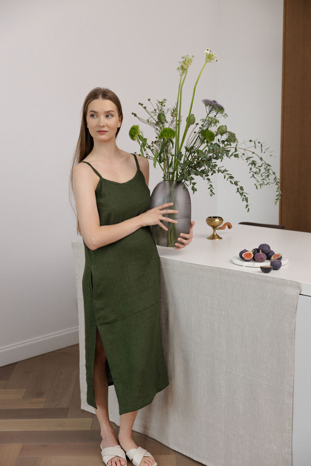 Dark Green Linen Slip Dress With Straps