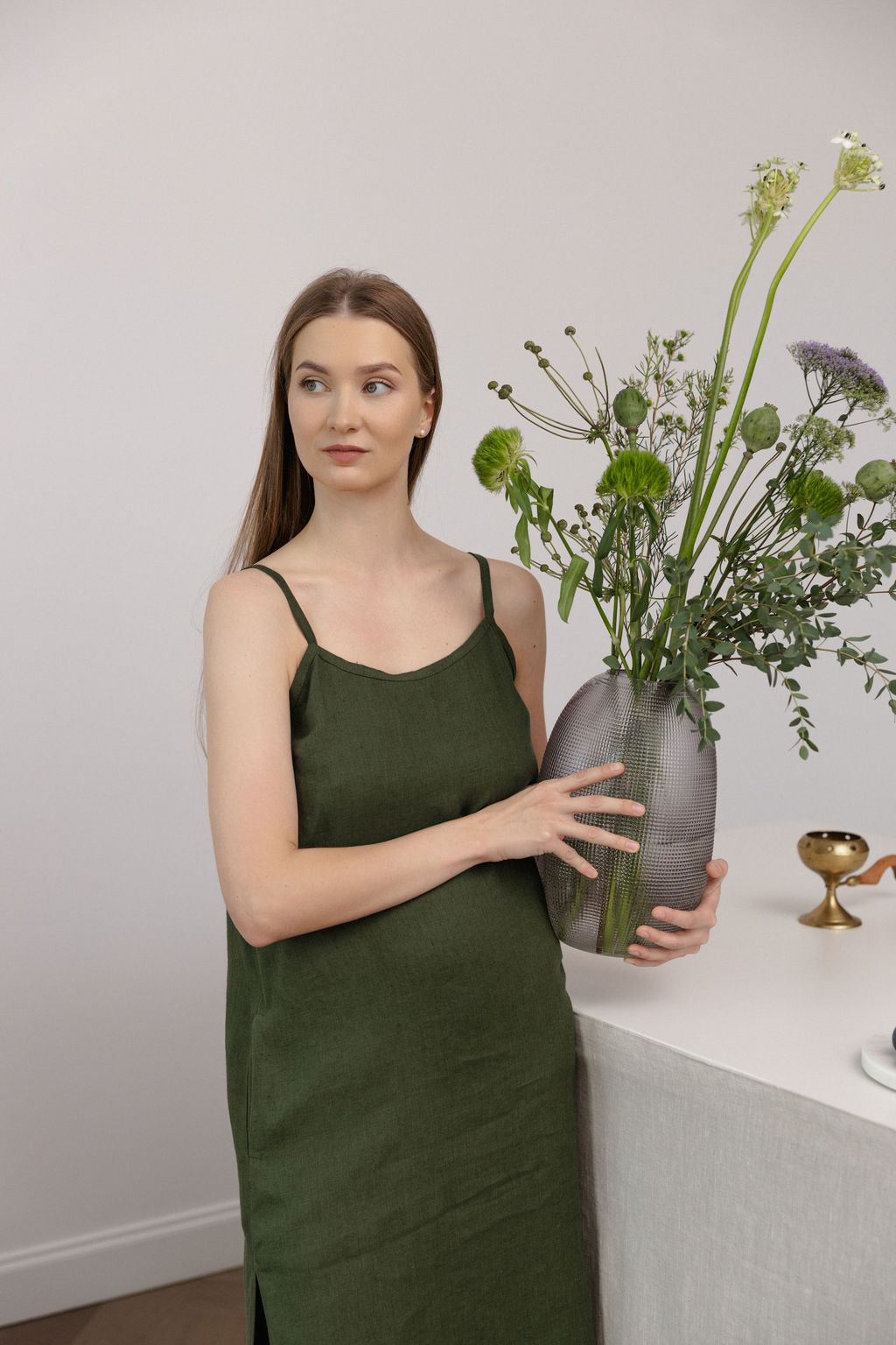 Dark Green Linen Slip Dress With Straps
