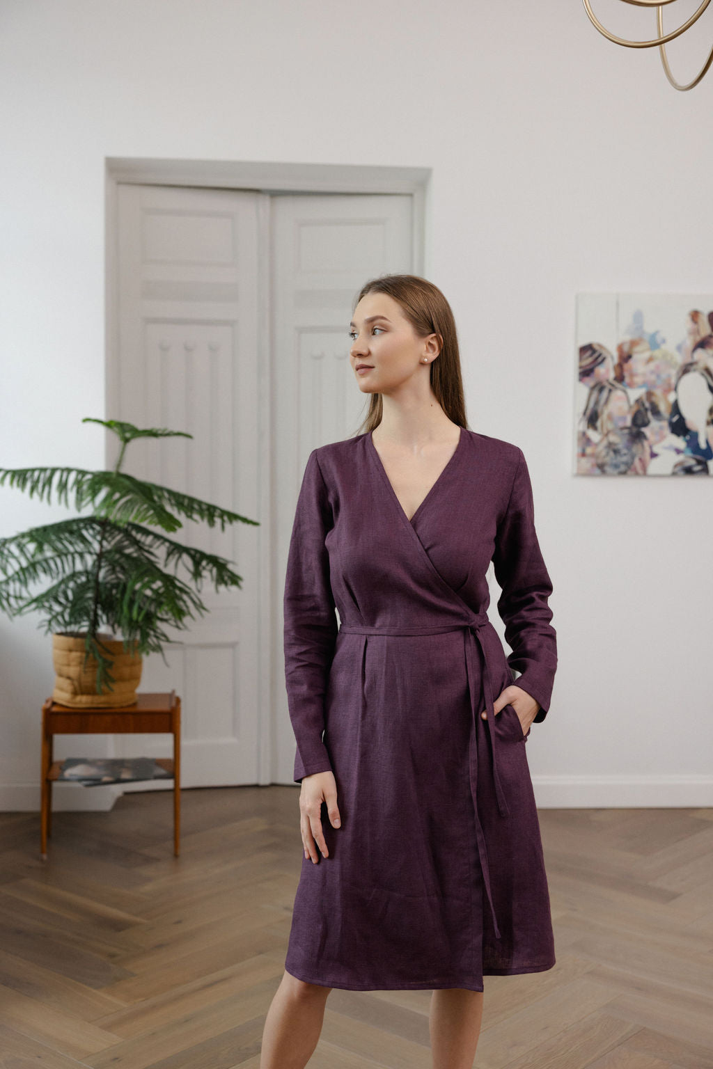 Plum linen dress with long sleeves