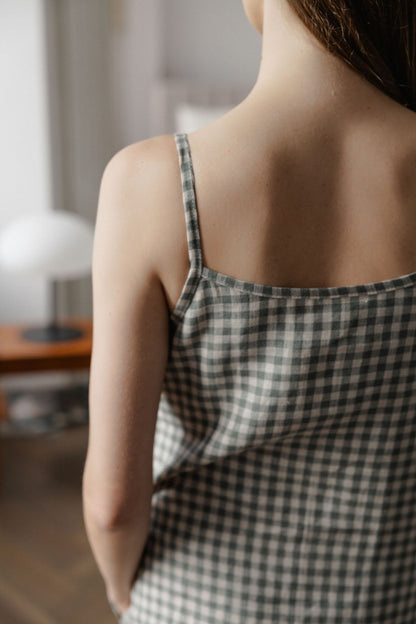 Gray Green Gingham Linen Slip Dress With Straps