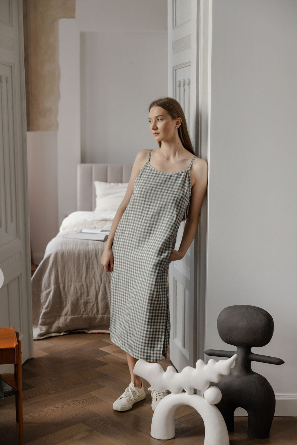 Gray Green Gingham Linen Slip Dress With Straps