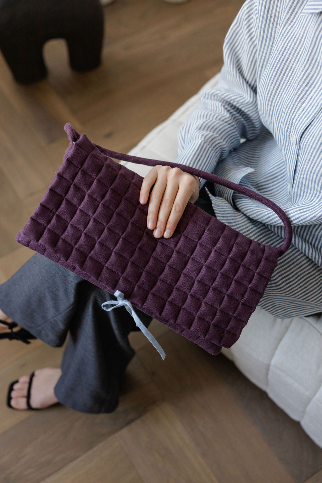 Linen Quilted Baguette Shoulder Bag