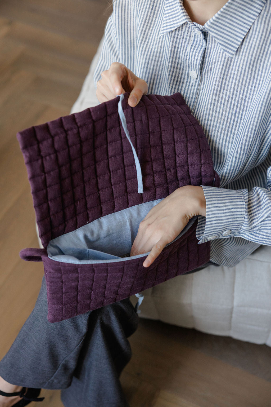 Linen Quilted Baguette Shoulder Bag