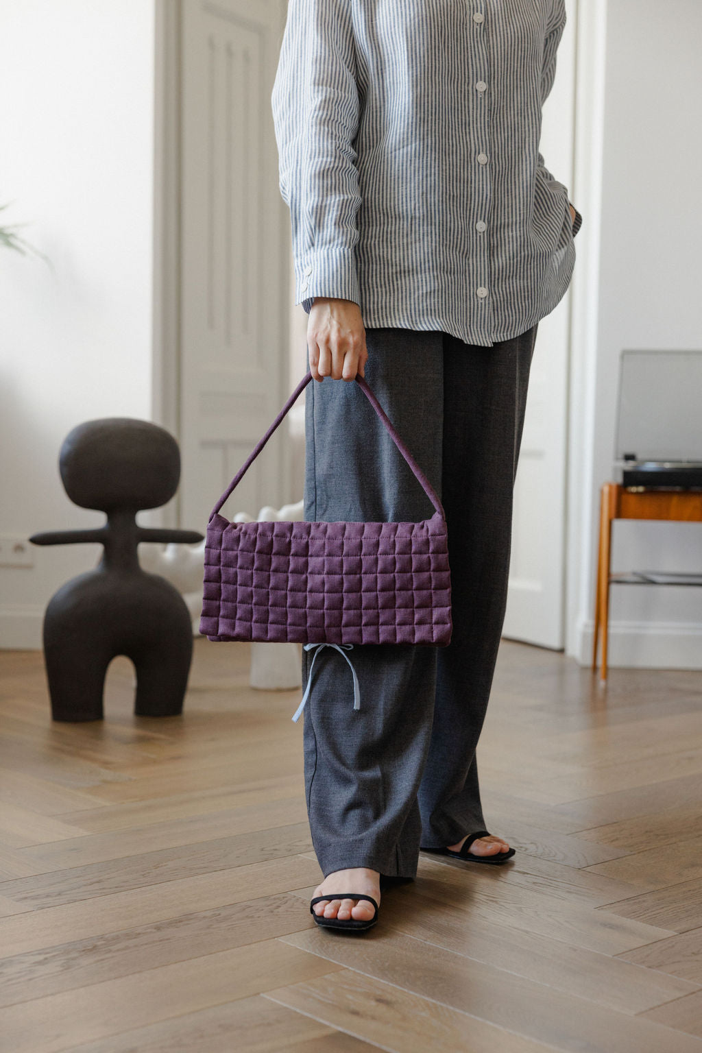 Linen Quilted Baguette Shoulder Bag