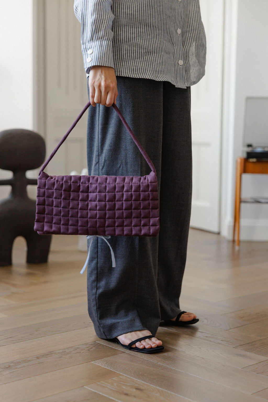 Linen Quilted Baguette Shoulder Bag