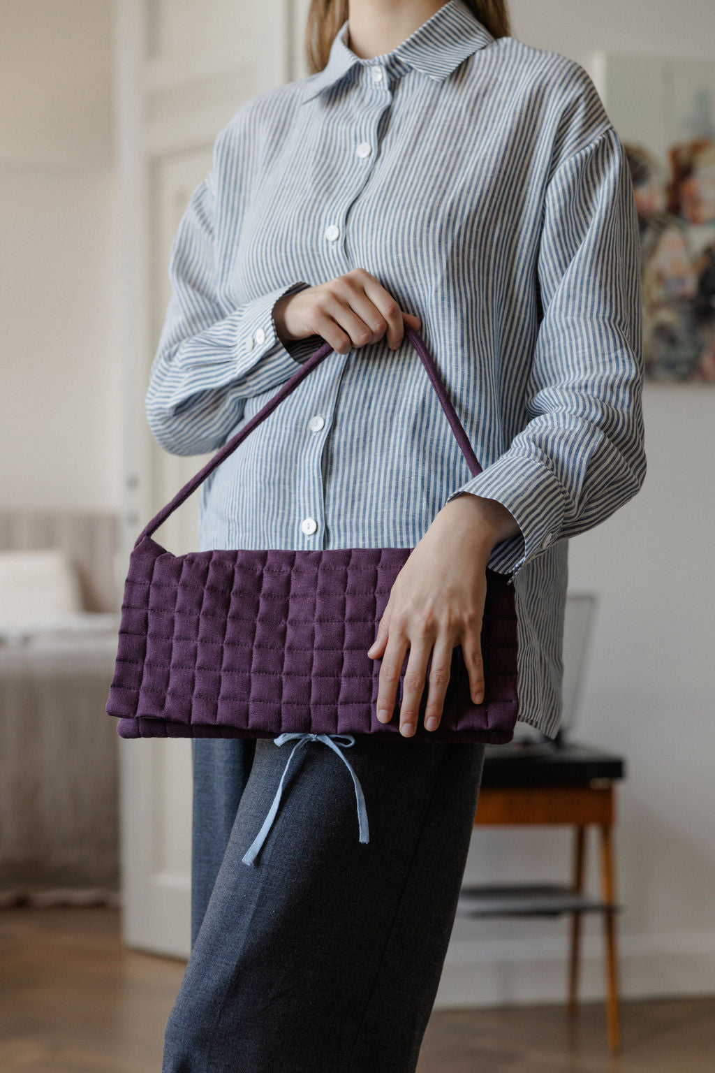 Linen Quilted Baguette Shoulder Bag
