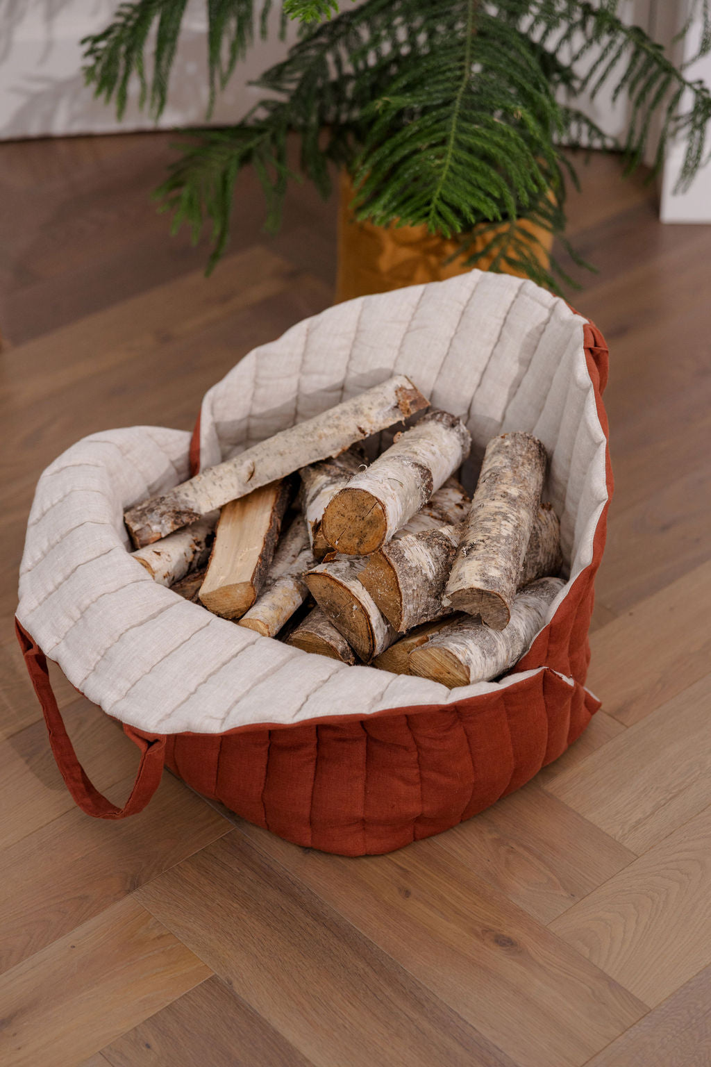 quilted linen firewood carrier bag with handles