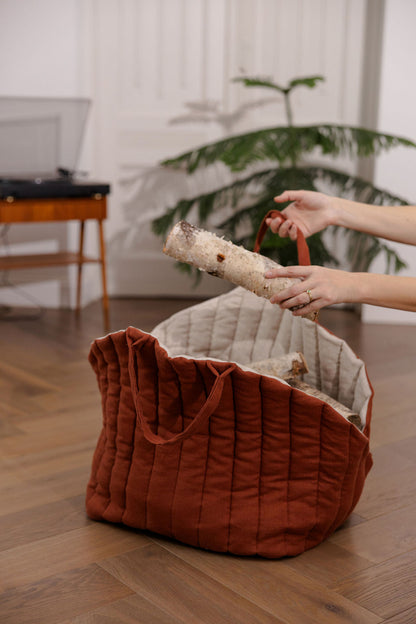 quilted linen firewood carrier bag with handles