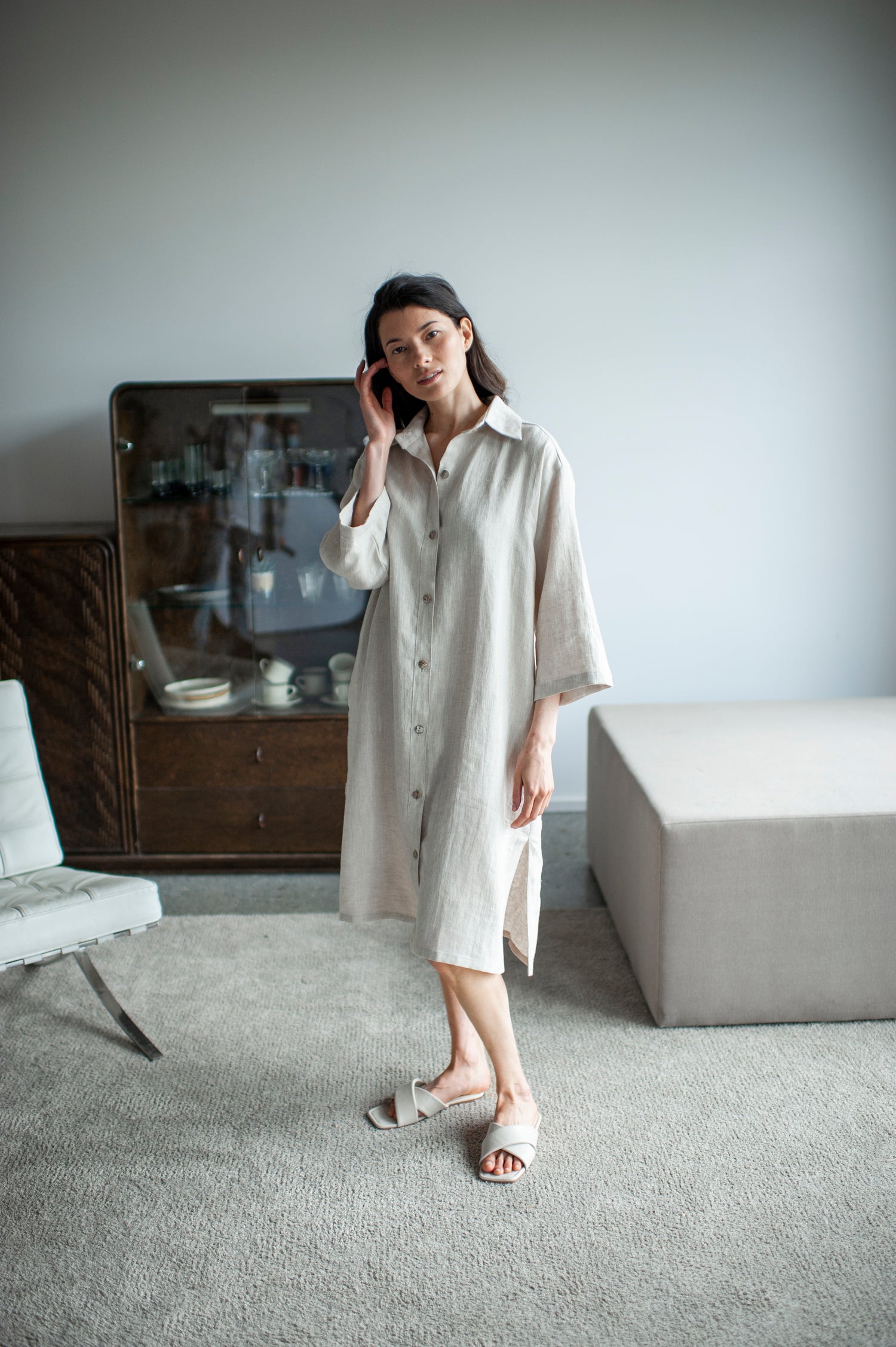 Natural Light Long Linen Shirt Dress Natural Light Long Linen Shirt Dress