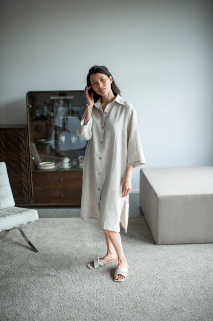Natural Light Long Linen Shirt Dress Natural Light Long Linen Shirt Dress