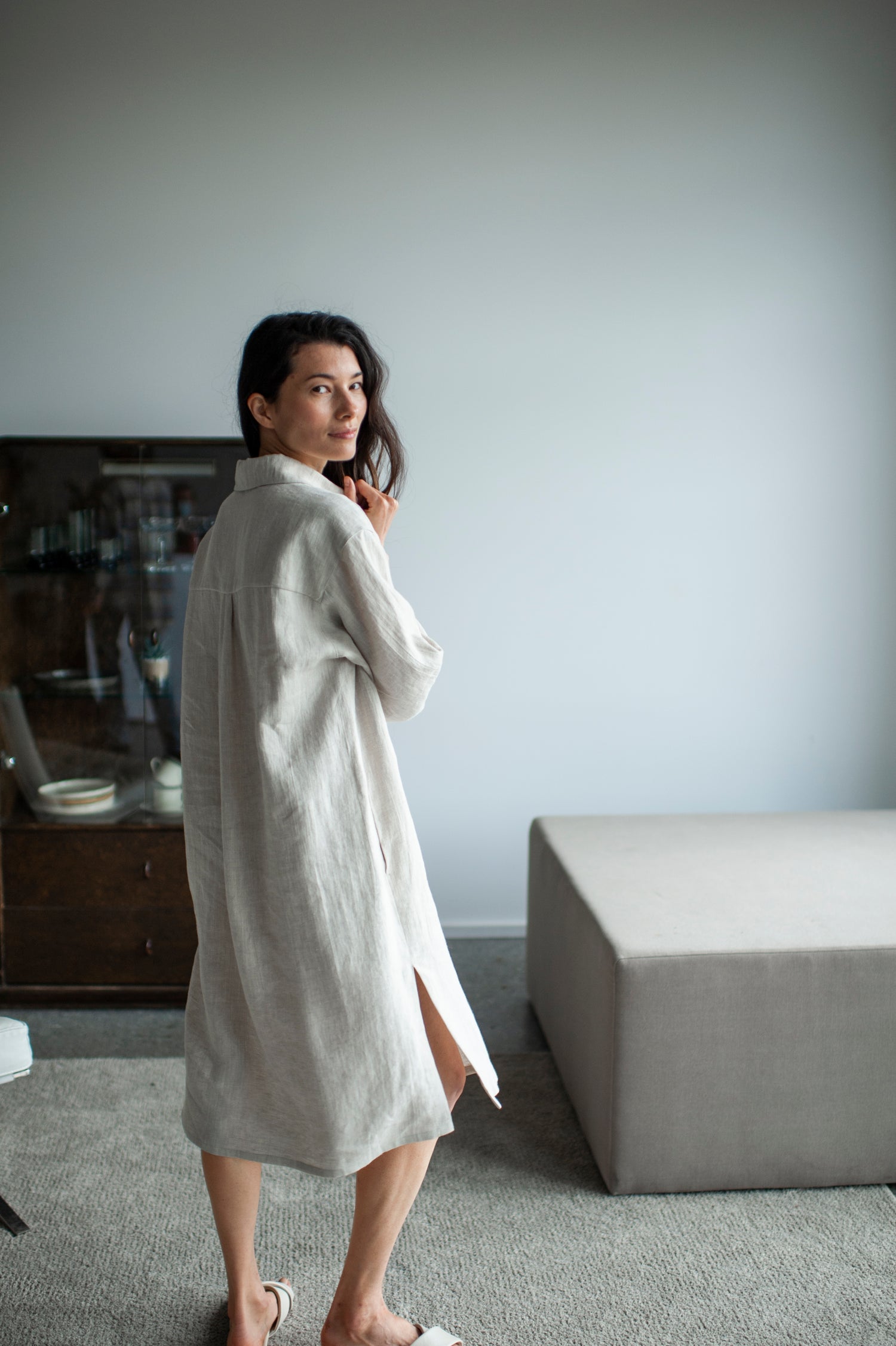 Natural Light Long Linen Shirt Dress Natural Light Long Linen Shirt Dress