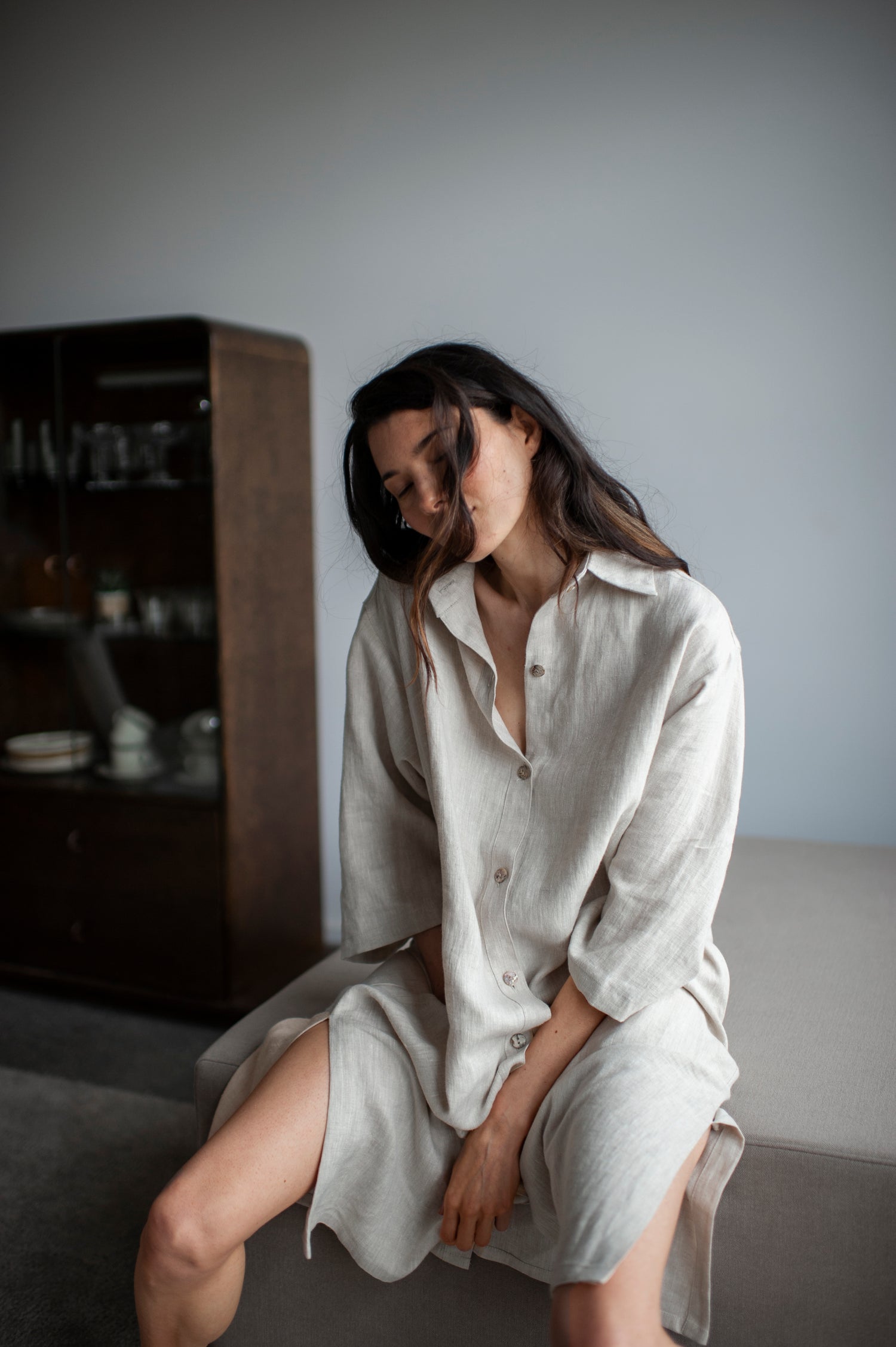 Natural Light Long Linen Shirt Dress Natural Light Long Linen Shirt Dress