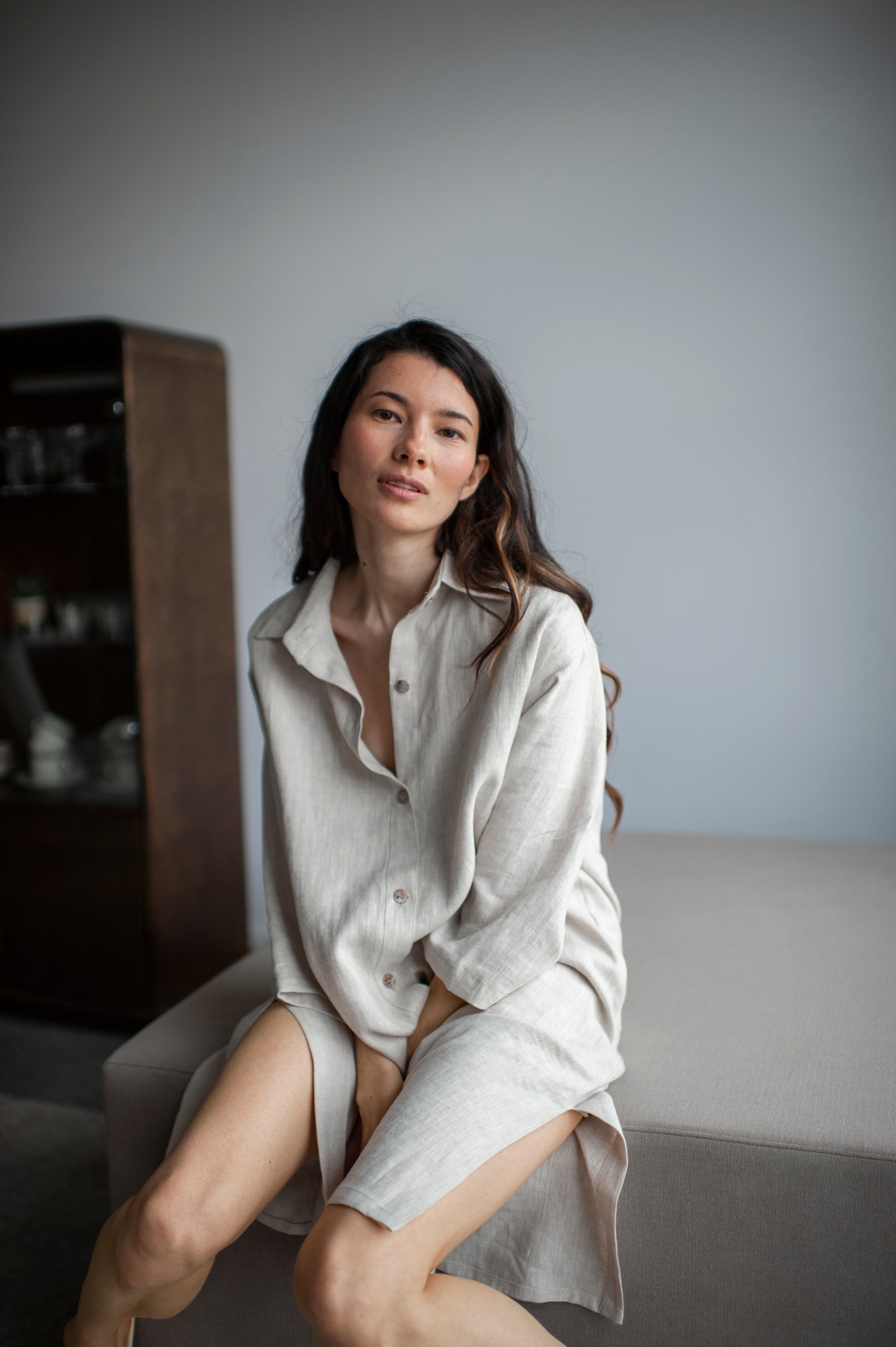 Natural Light Long Linen Shirt Dress