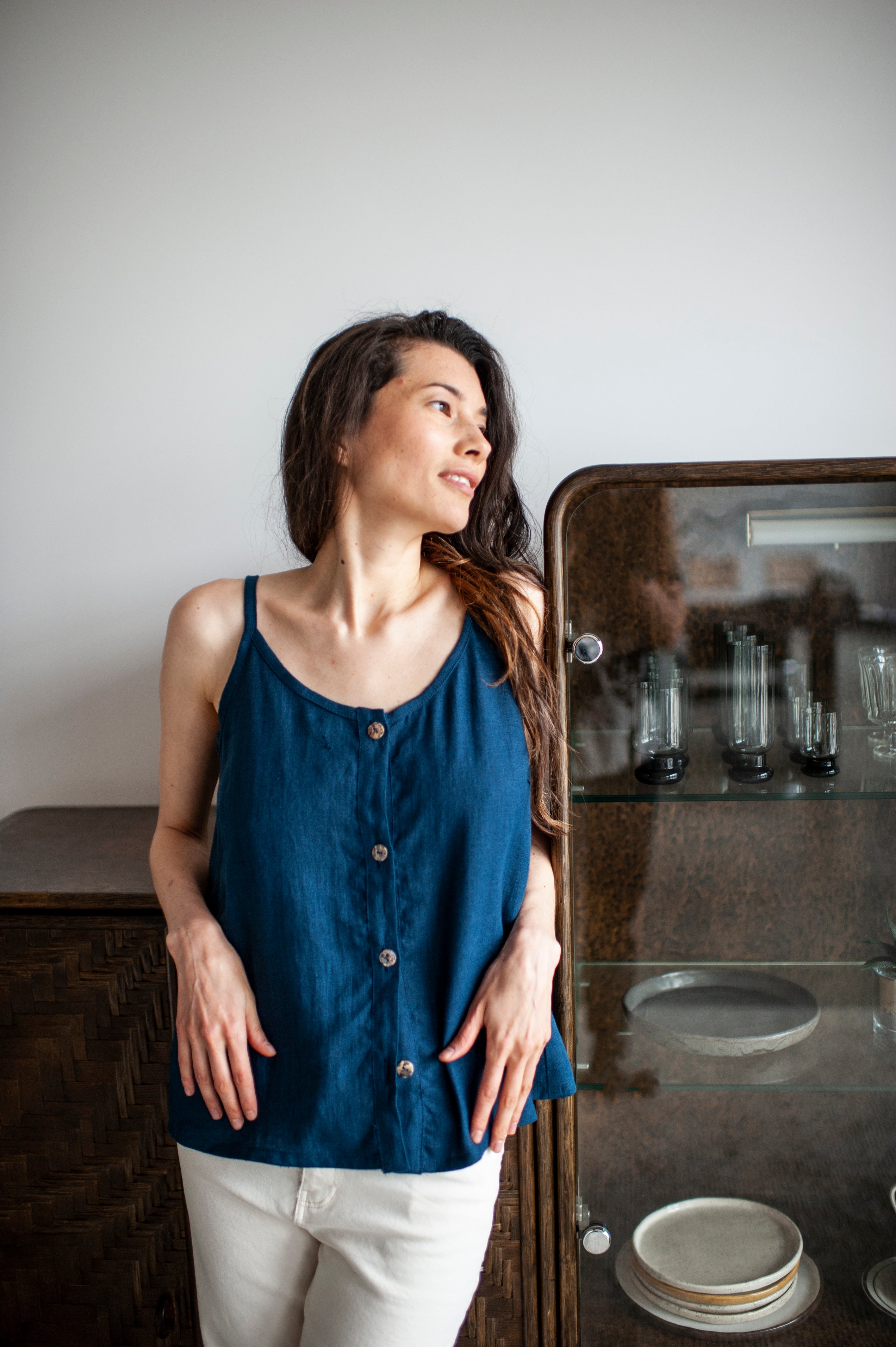 Steel Blue Linen Slip Top With Straps