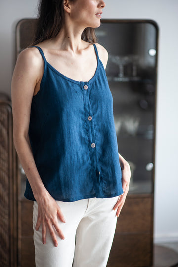 Blue Linen Slip Top With Straps