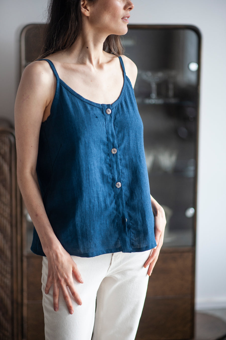 Walnut Brown Linen Cami Top With Straps