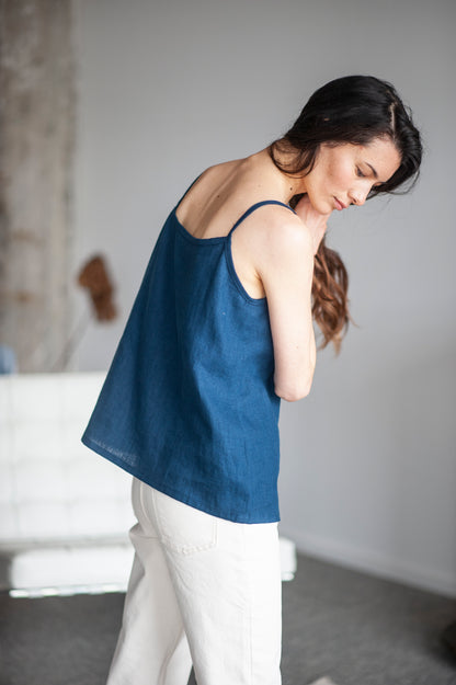 Steel Blue Linen Slip Top With Straps