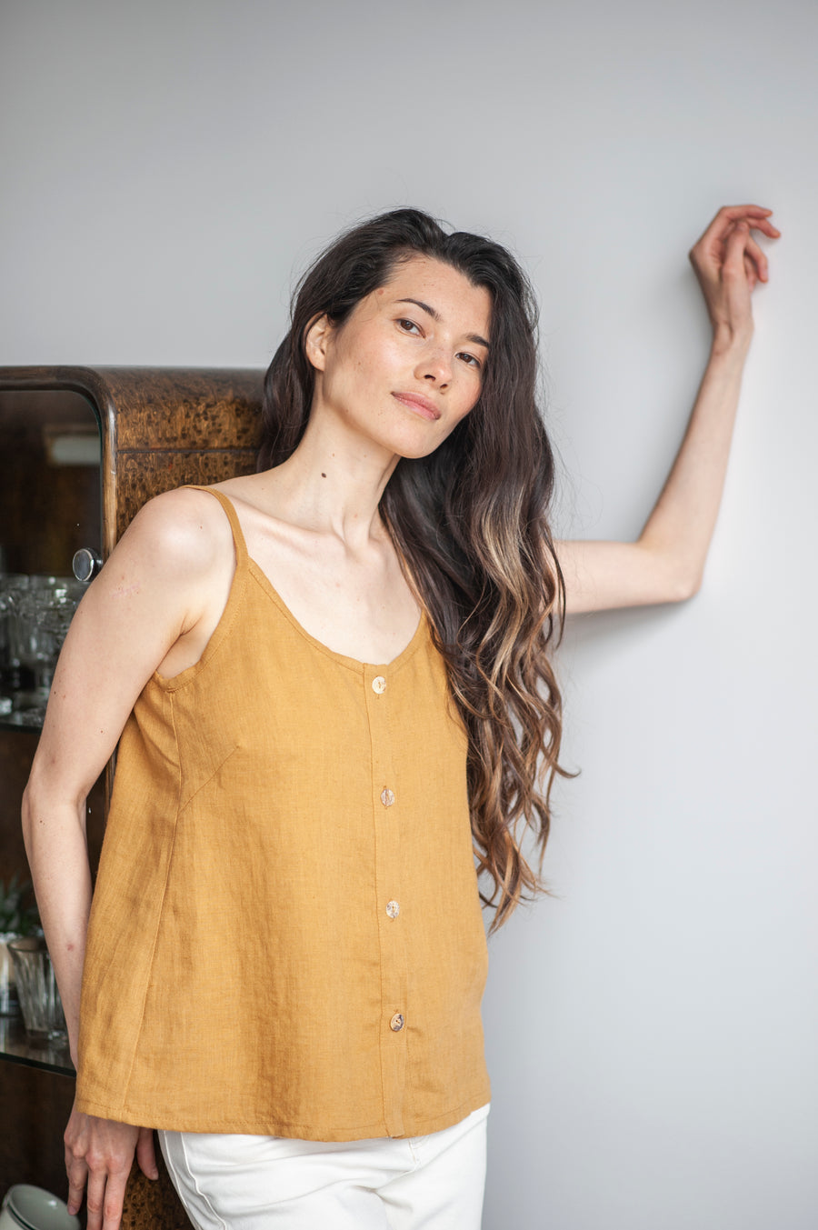 Walnut Brown Linen Cami Top With Straps