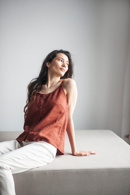 Rusty Linen Cami Top With Straps