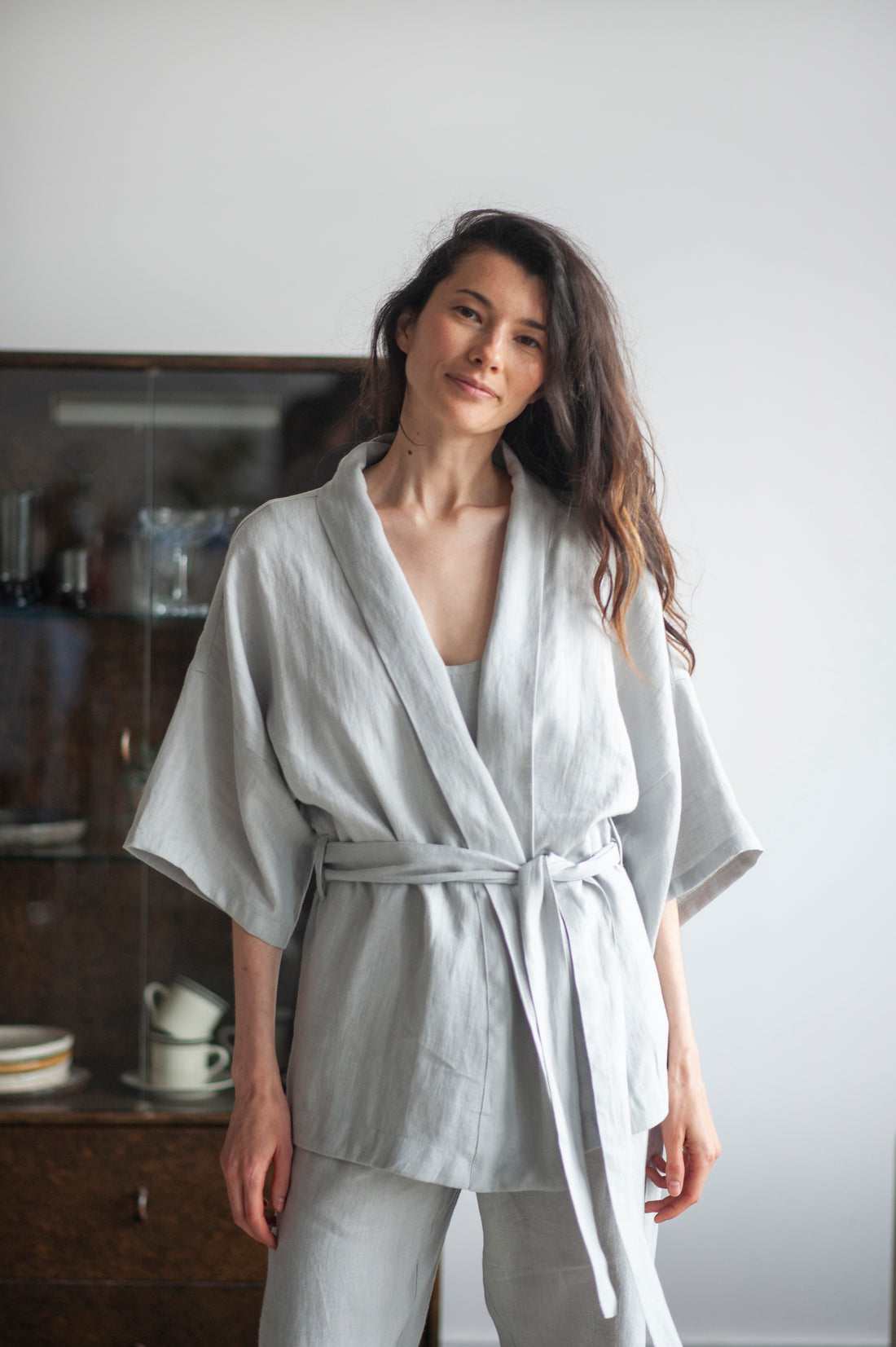 Cloud Gray Linen Kimono And Pants Set