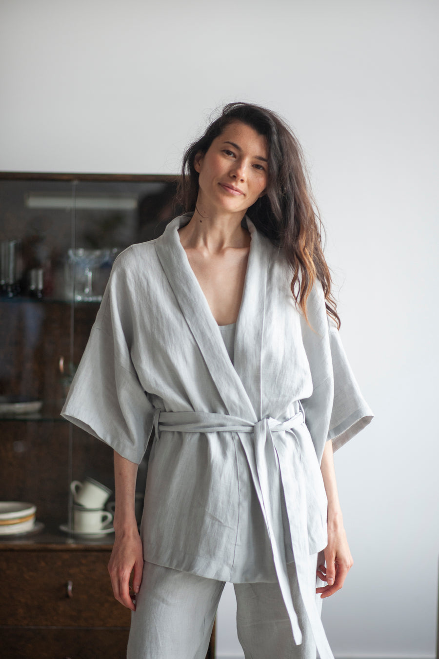 Natural light Linen Kimono And Pants Set