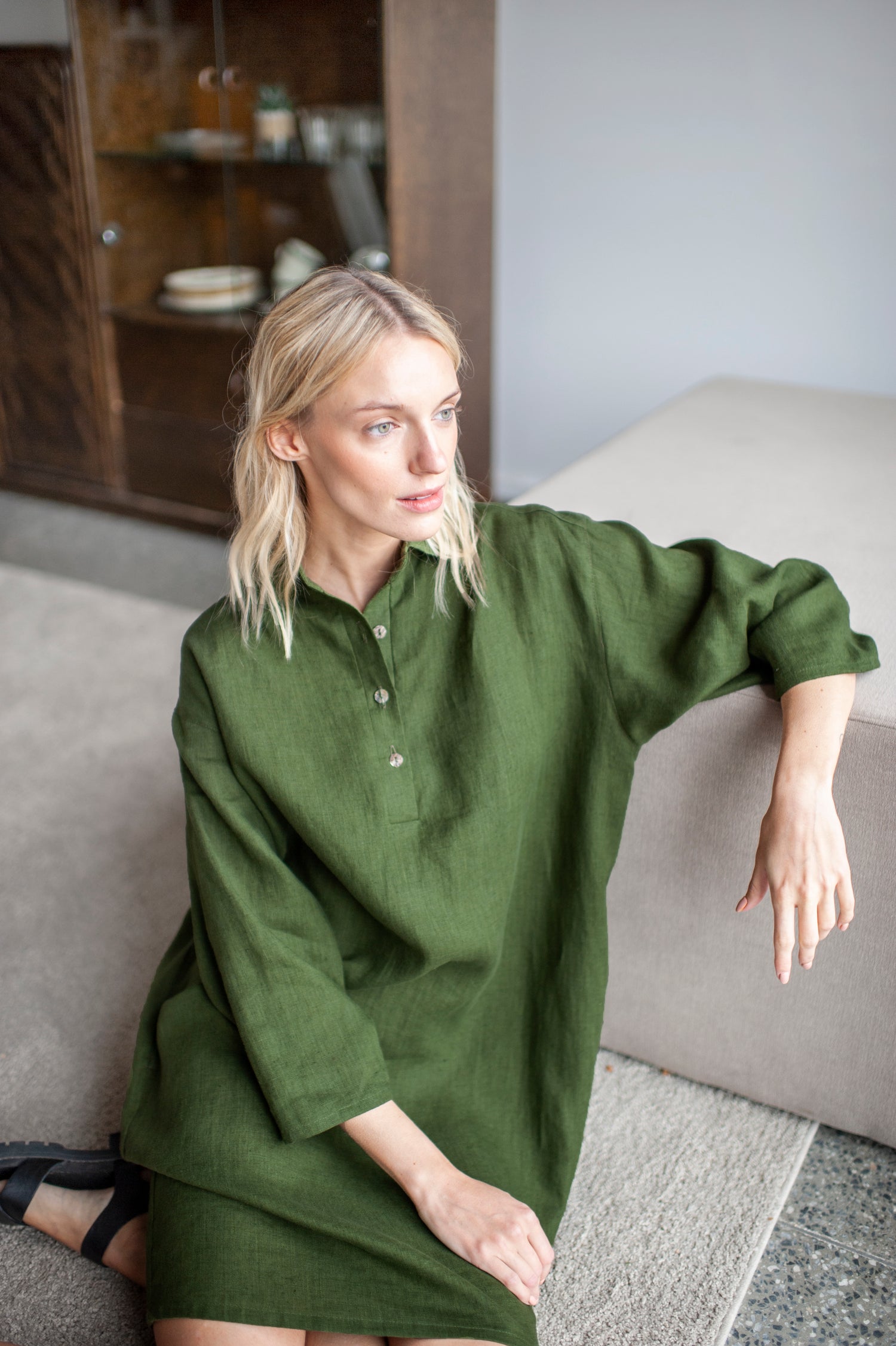 Dark green Linen Shirt Dress Dark green Linen Shirt Dress