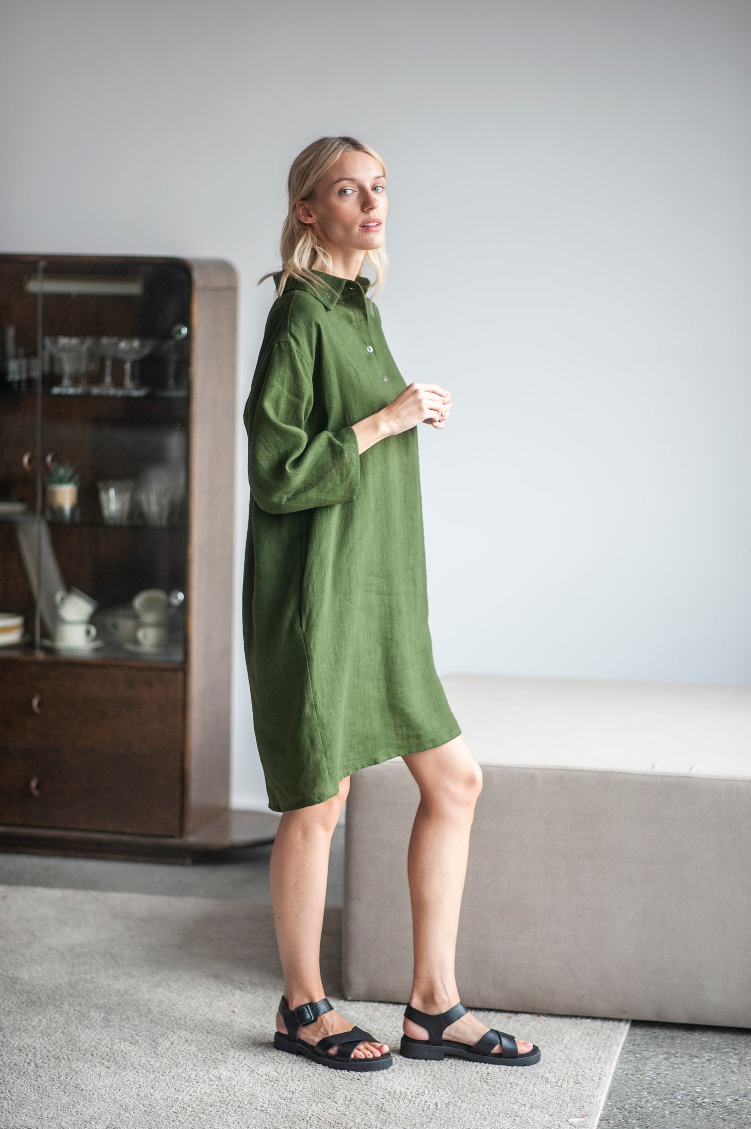 Dark green Linen Shirt Dress