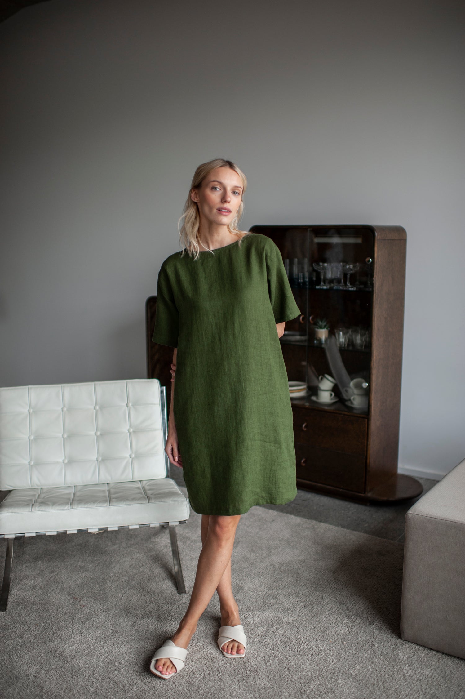 Green linen dress