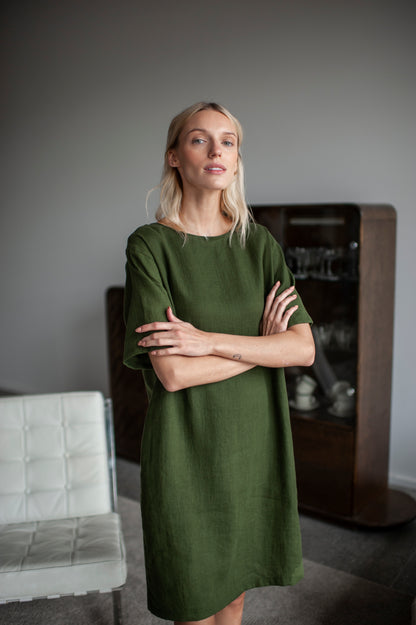 Green linen dress