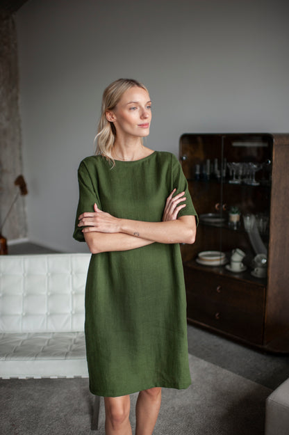 Green linen dress
