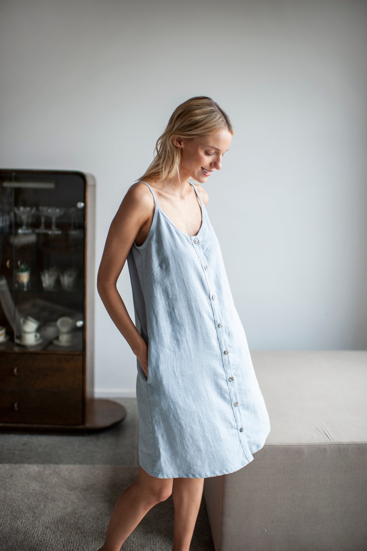 Ice Blue Linen Slip Dress