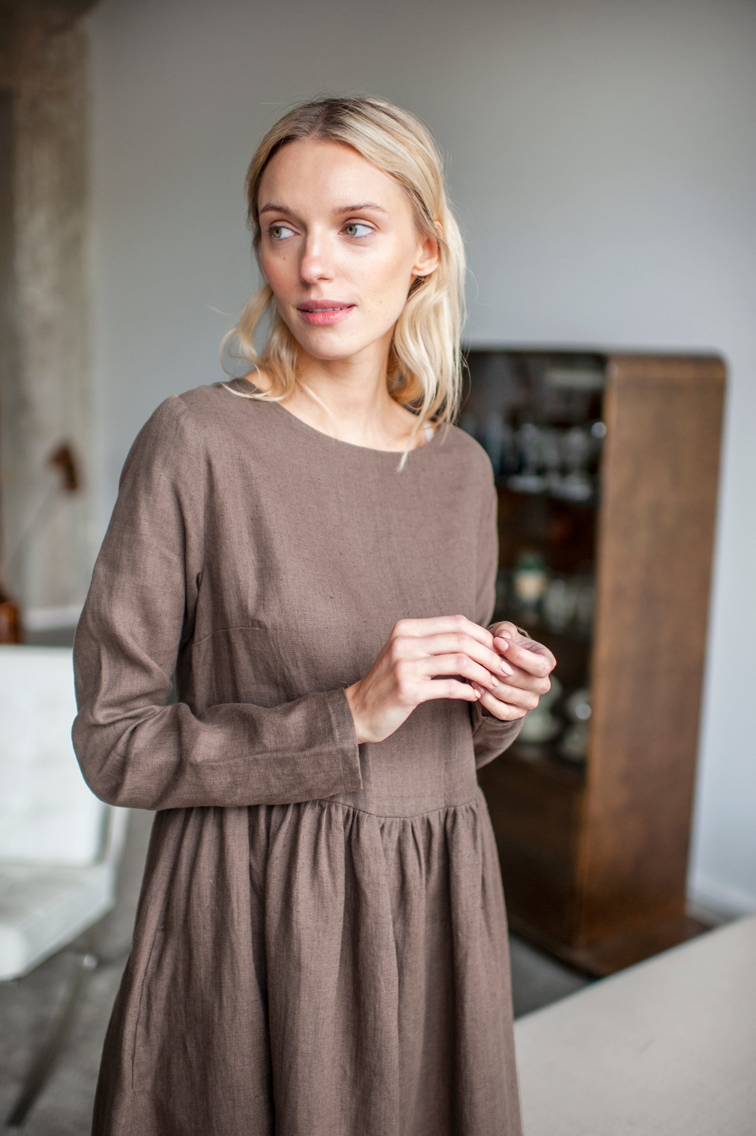 Walnut Brown Linen Smock Dress Walnut Brown Linen Smock Dress
