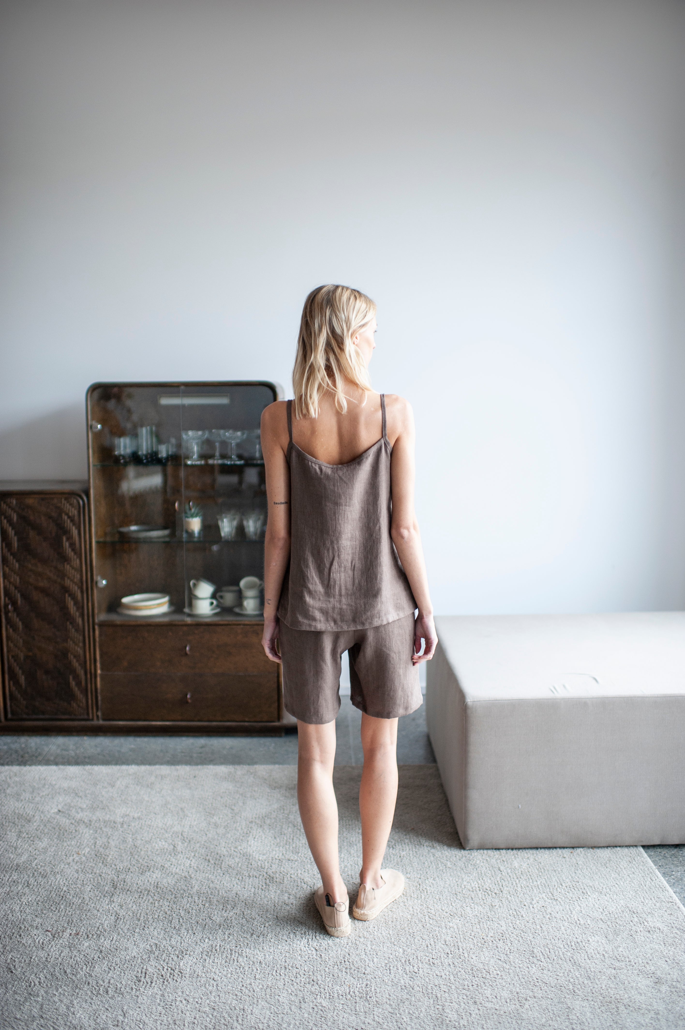 Walnut Brown Linen Bermuda Shorts and Cami Top Set