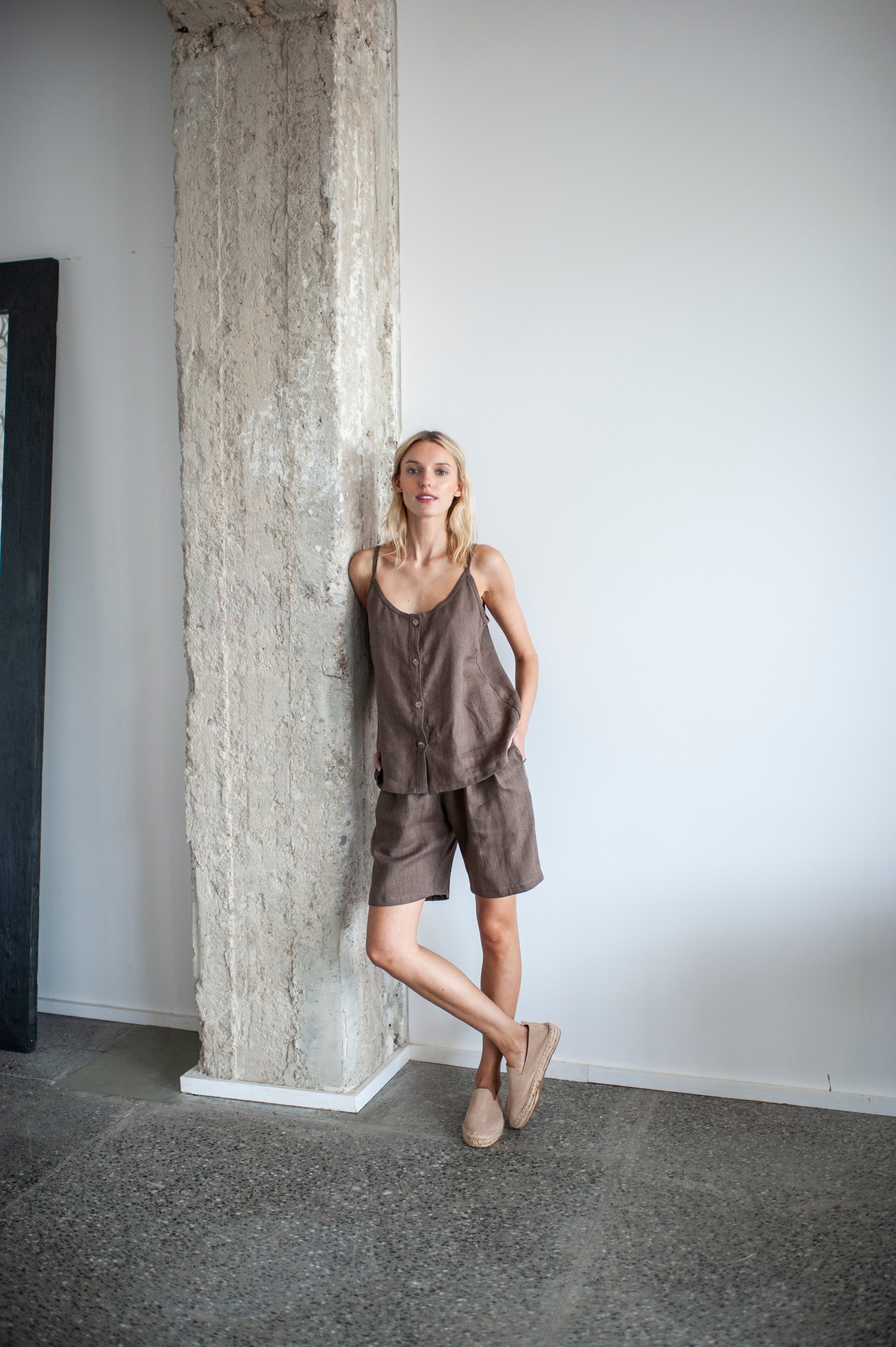 Walnut Brown Linen Bermuda Shorts and Cami Top Set