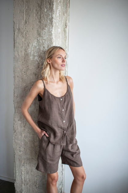 Walnut Brown Linen Bermuda Shorts and Cami Top Set