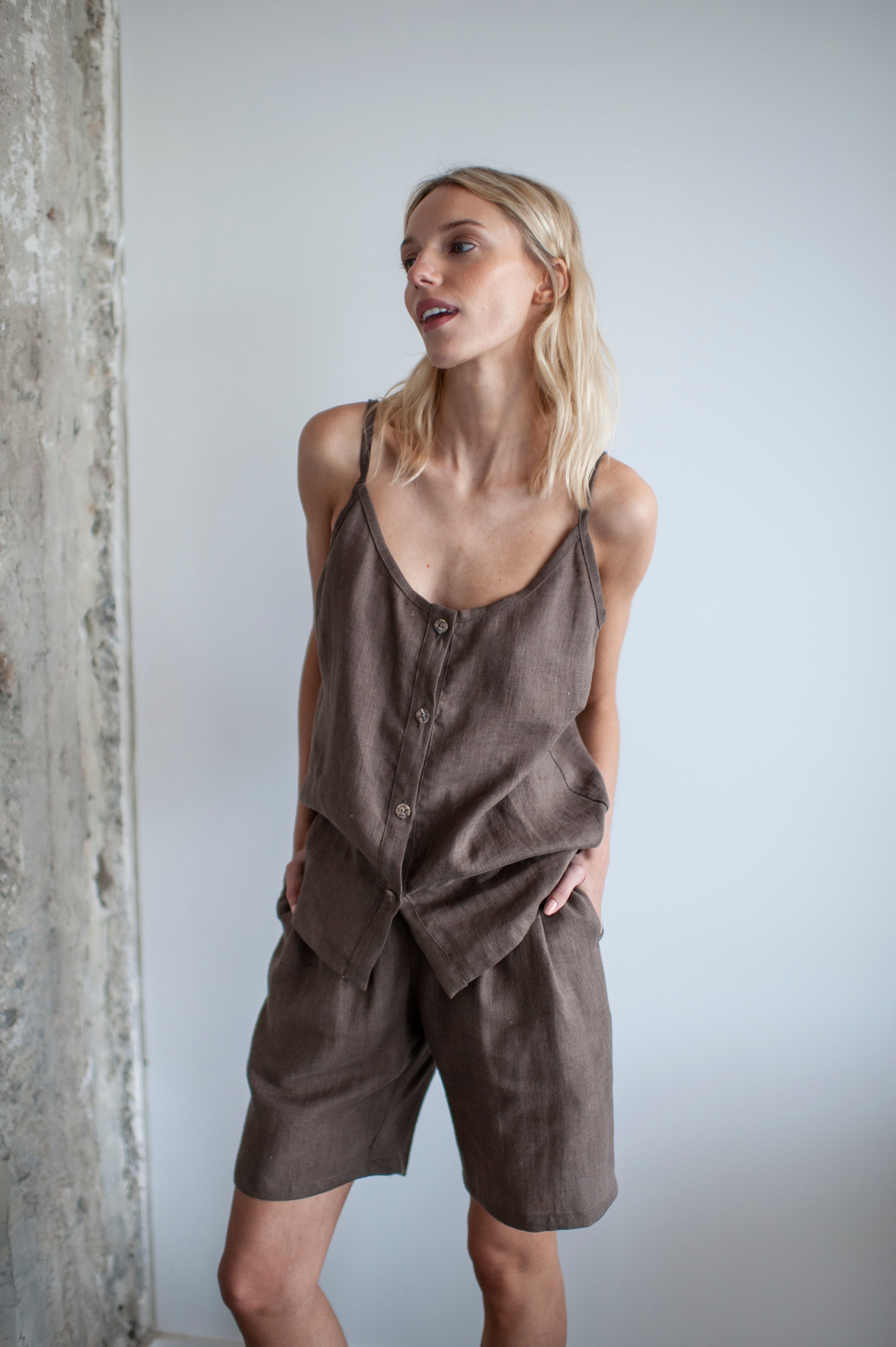 Walnut Brown Linen Bermuda Shorts and Cami Top Set