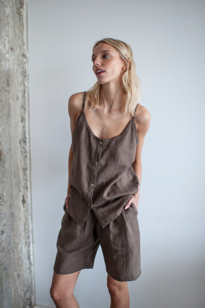 Walnut Brown Linen Bermuda Shorts and Cami Top Set