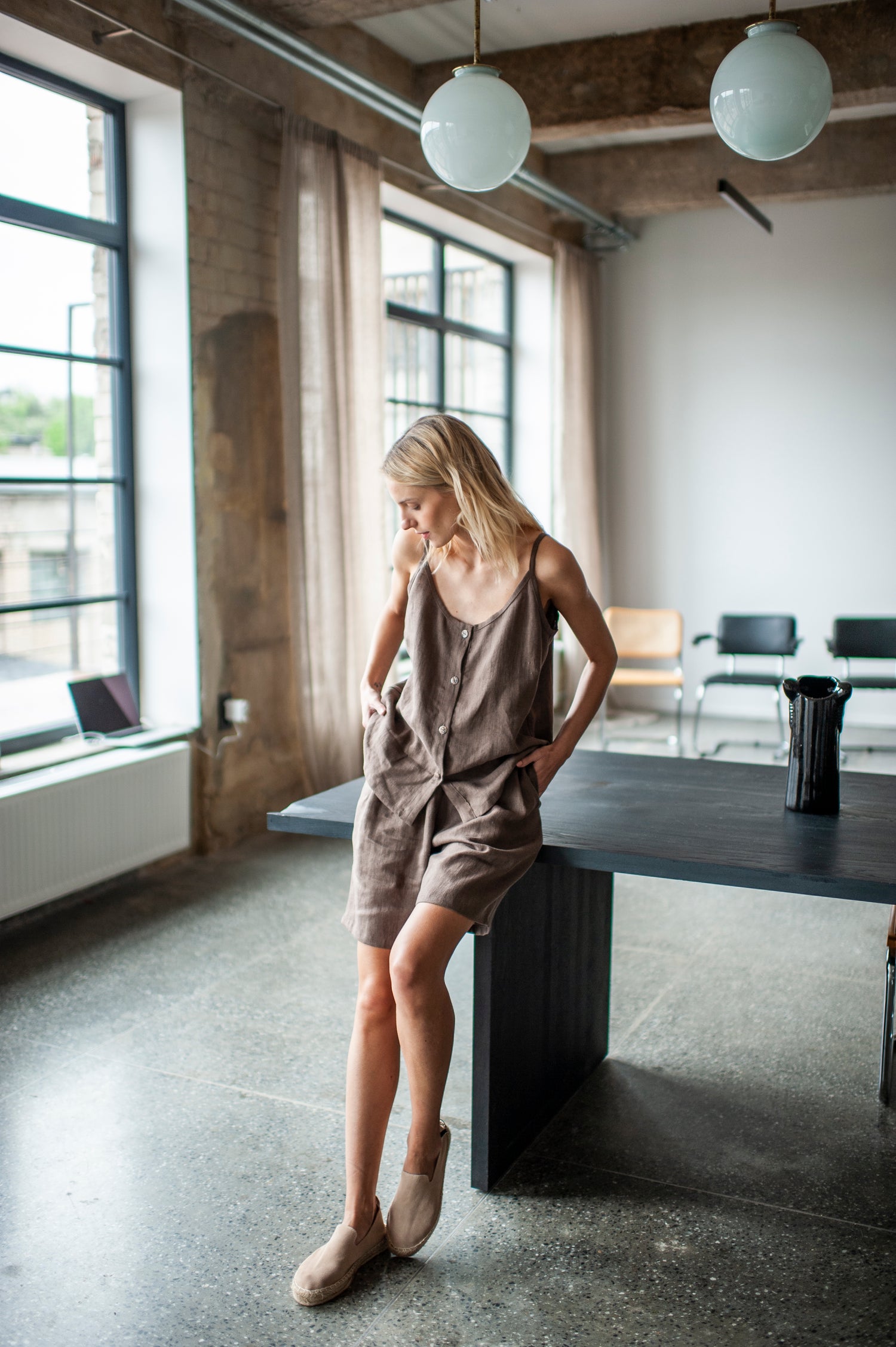 Walnut Brown Linen Bermuda Shorts and Cami Top Set