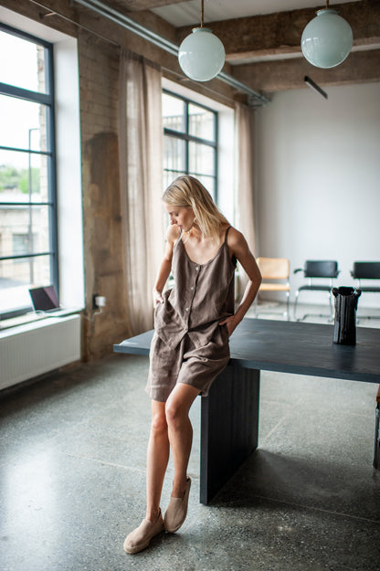 Walnut Brown Linen Bermuda Shorts and Cami Top Set