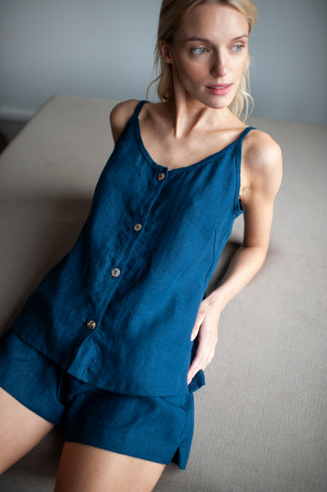 Steel Blue Linen Shorts and Cami Top Set