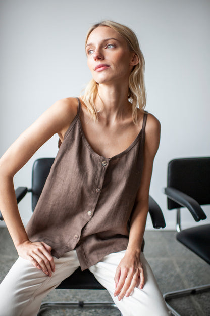 Walnut Brown Linen Cami Top With Straps