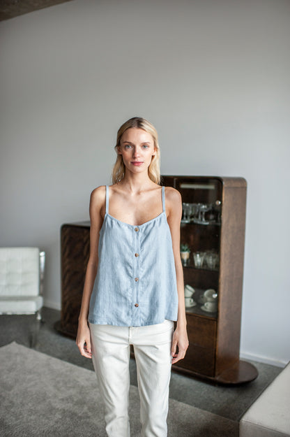 Ice Blue Linen Cami Top With Straps