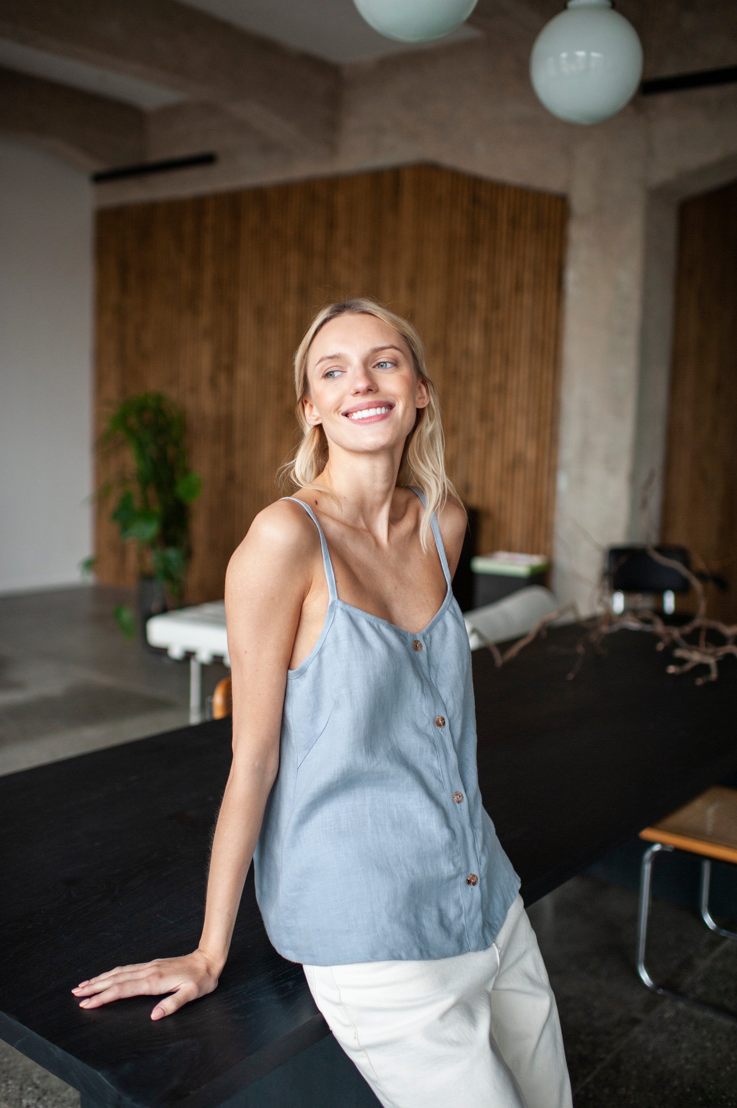 Ice Blue Linen Cami Top With Straps