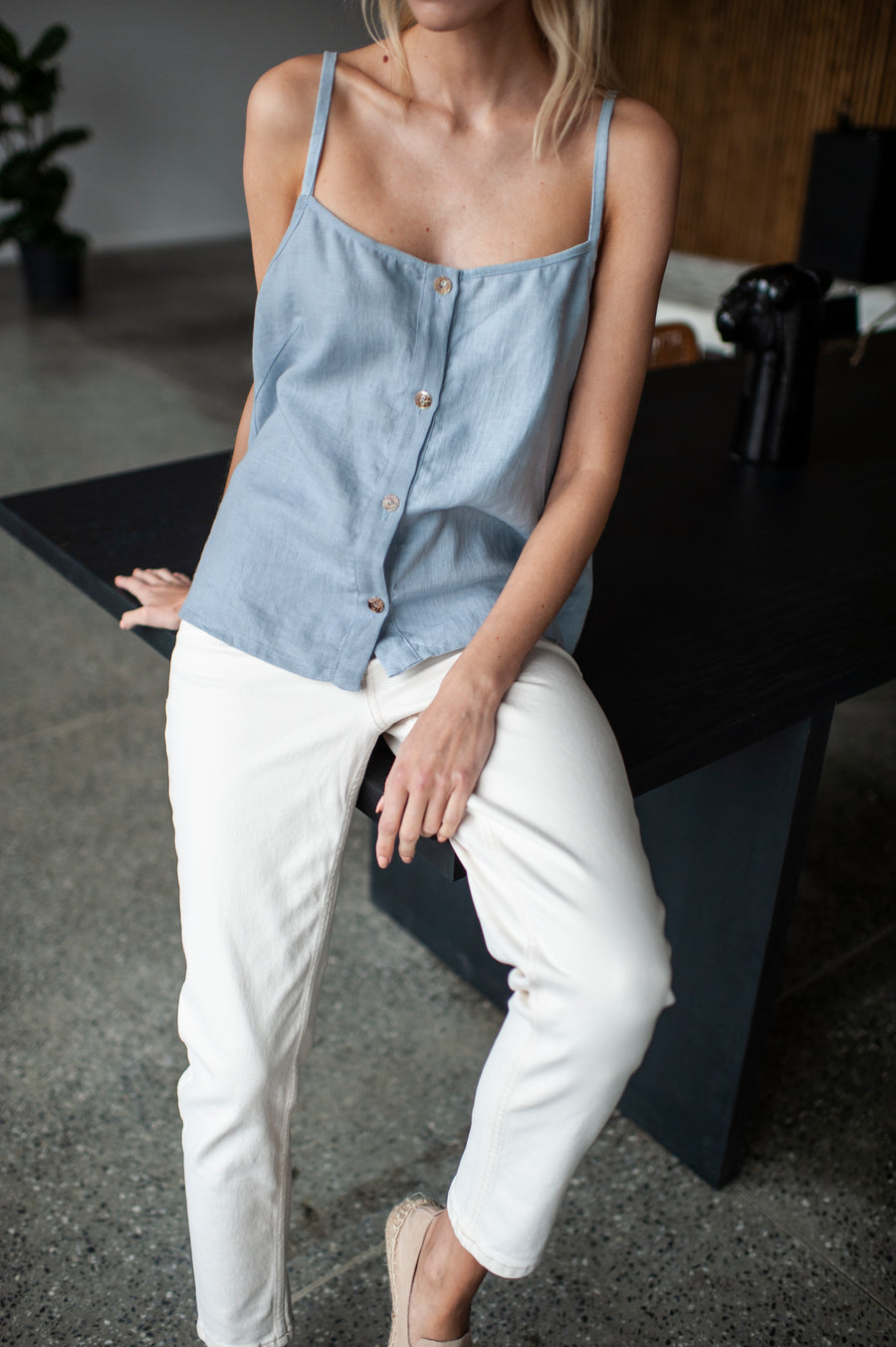 Ice Blue Linen Cami Top With Straps