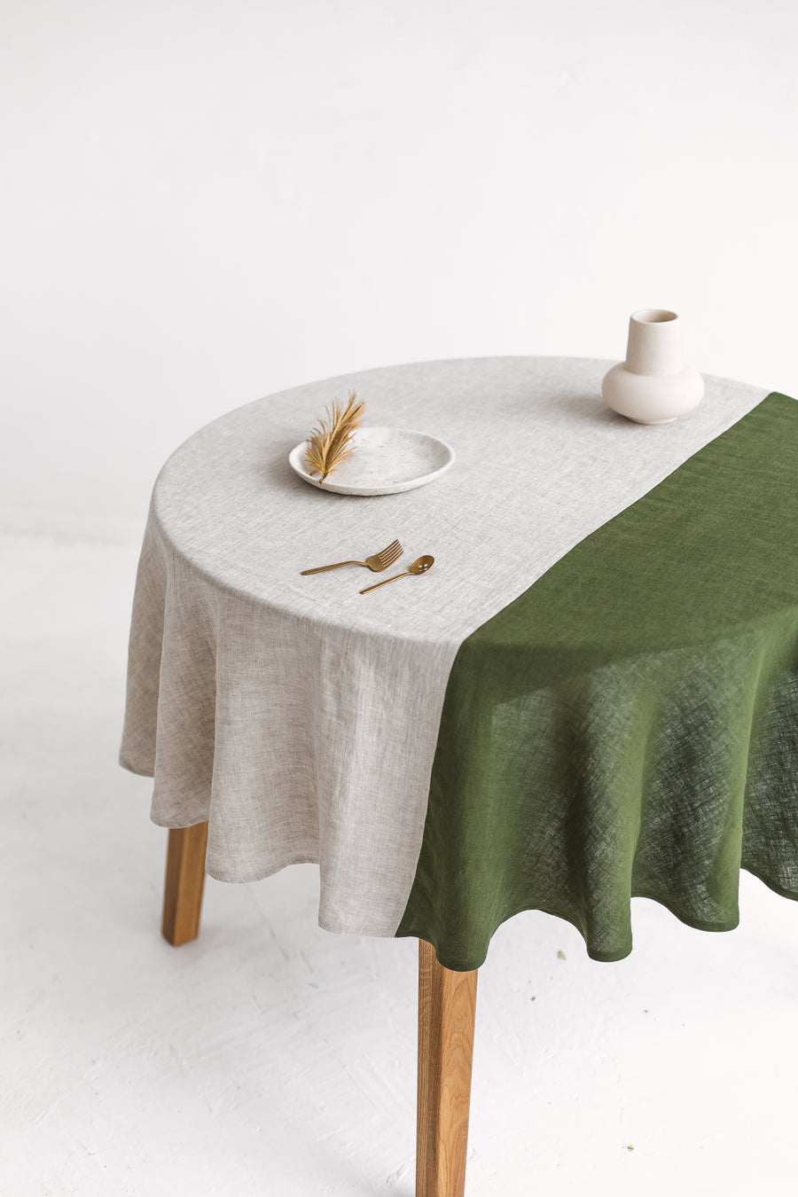 Color Block Round Green Linen Tablecloth