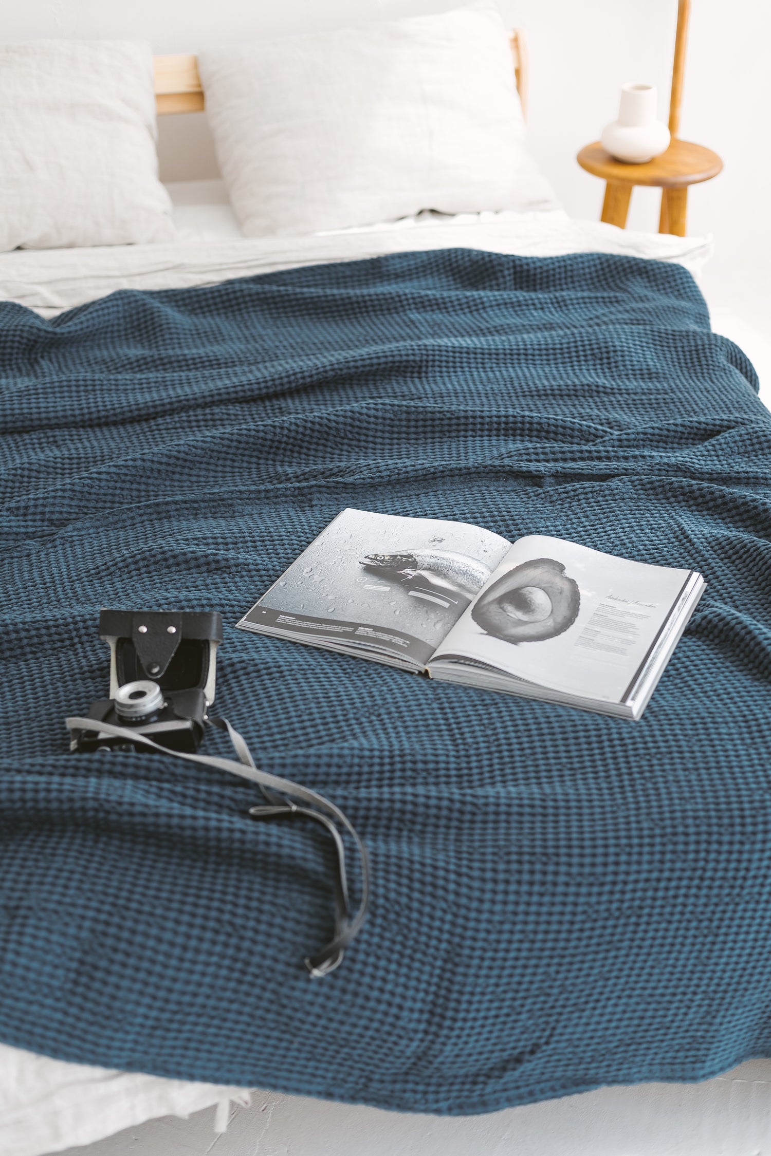 Dark Teal Waffle Linen Cotton Bedspread