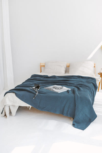 Dark Teal Waffle Linen Cotton Bedspread