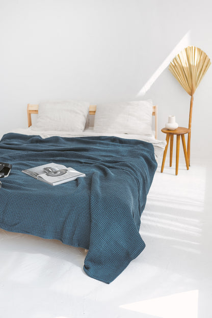 Dark Teal Waffle Linen Cotton Bedspread