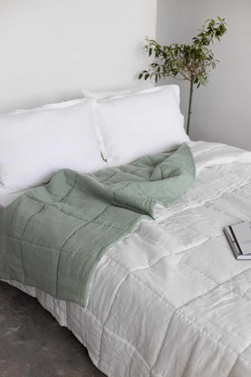 Sage quilted linen bedspread