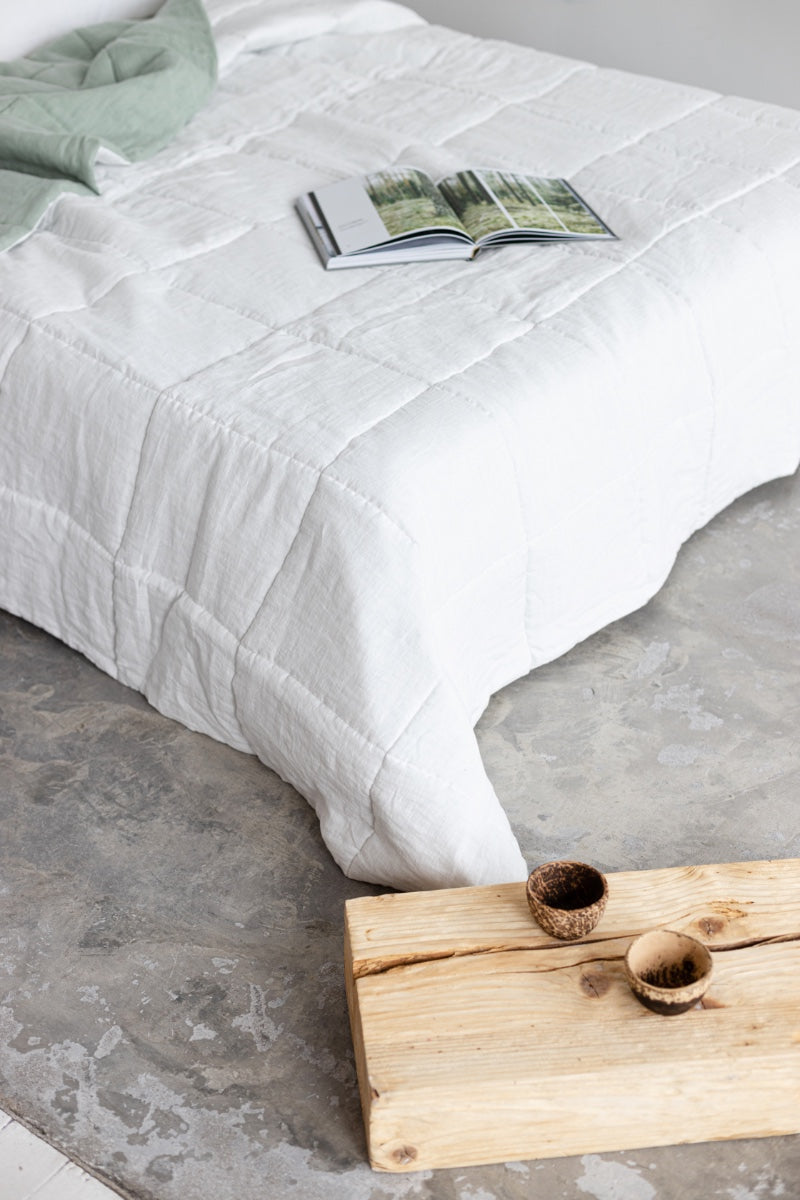 Sage quilted linen bedspread